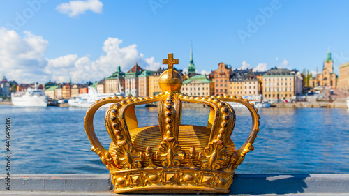 Golden crown on Skeppsholm bridge in Stockholm