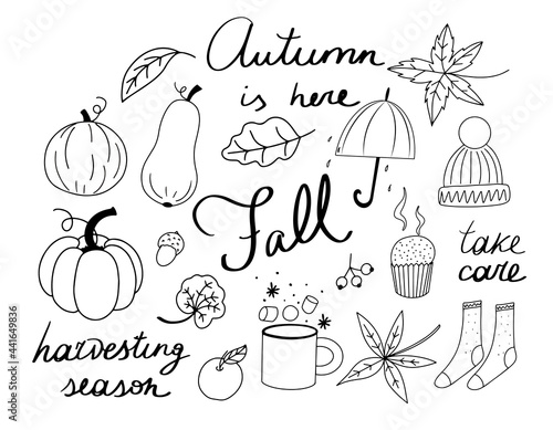 Set of autumn line art icons with hand drawn letterings - Autumn is here, Fall, take care and harvesting season. Pumpkins, hot chocolate, warm socks, falling leaves and umbrella