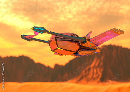 Fototapeta Naklejka Na Ścianę i Meble -  space fighter flying on red planet