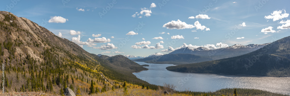 Aerial view from above a scenic lookout in Yukon Territory, northern Canada during May, spring time. 