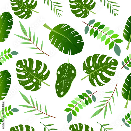 Vector seamless pattern: green leaves of tropical trees, palm leaves. Template for printing on textiles, prints, clothes, posters.
 photo