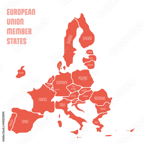 Simplified map of EU, European Union. Rounded shapes of states with smoothed border. Red simple flat vector map.