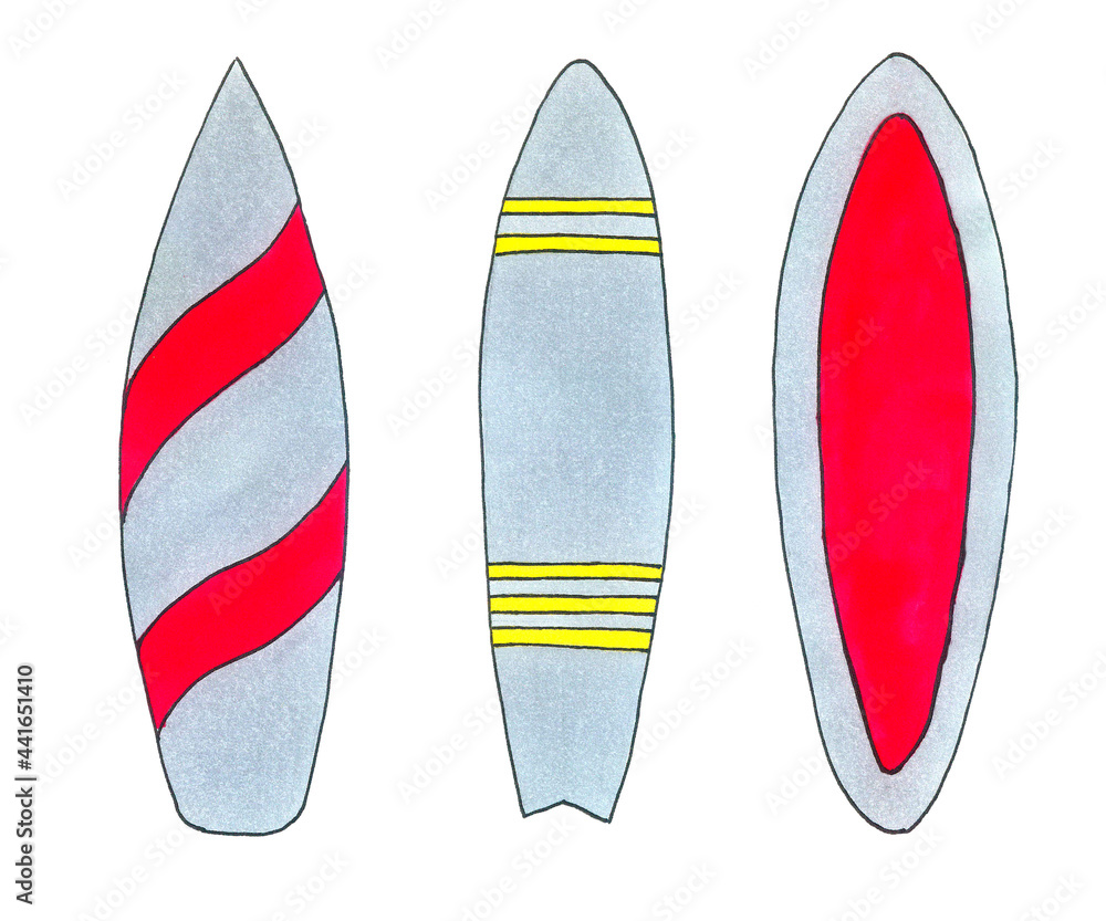 Set of surfboards handdraw flat material design object. Isolated illustration on white background. Set of surfboards handdraw flat material design object. Isolated illustration on white background.