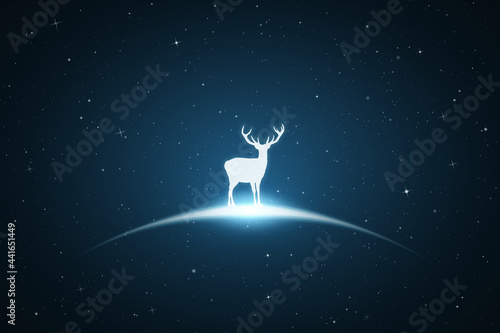 Lonely deer. Endangered animal silhouette. Starry sky, glowing outline.