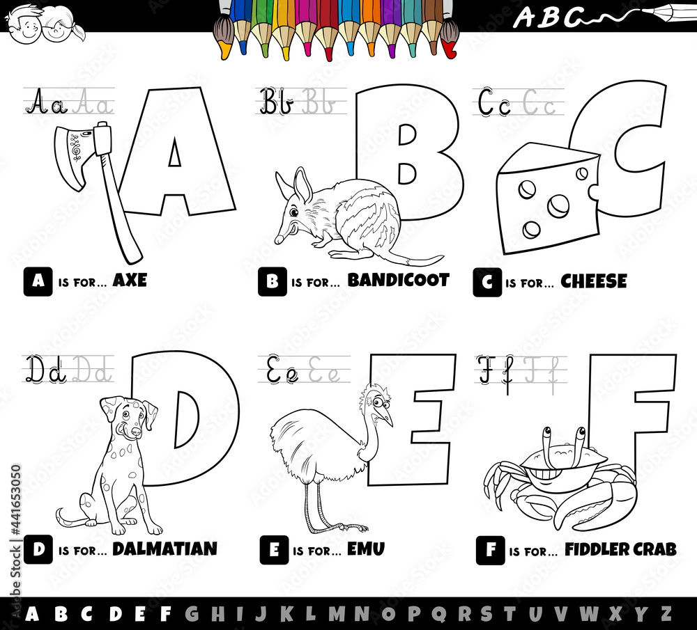 cartoon alphabet letters set from A to F coloring book page Stock