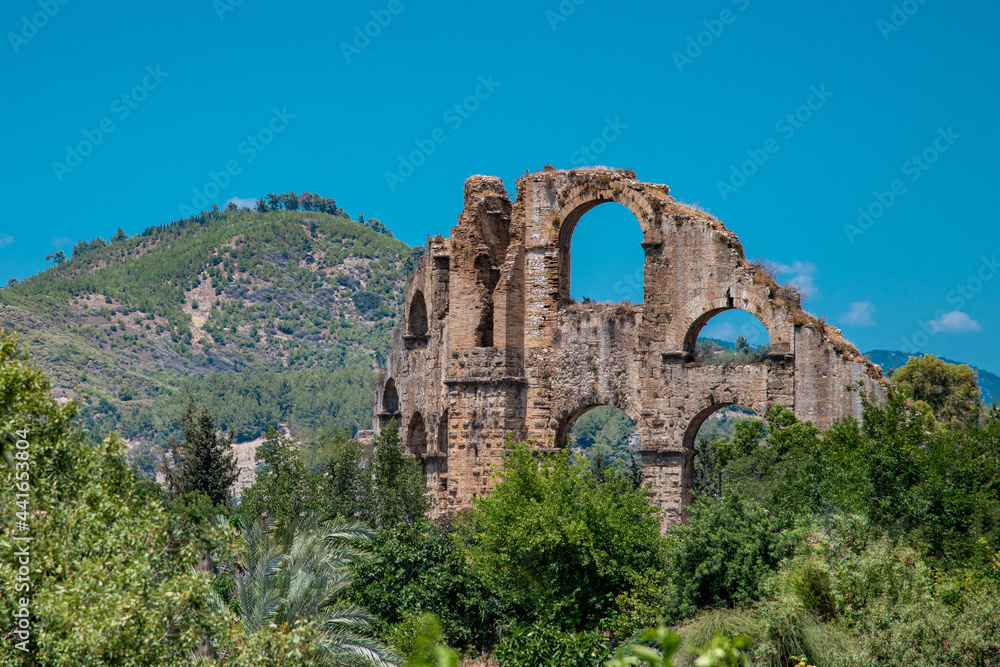 Aqueducts in the ancient city of Aspendos in Antalya, Turkey.