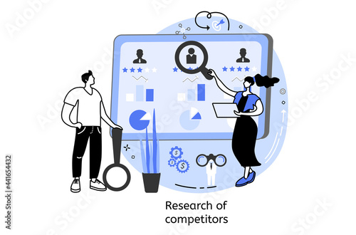 Company life concept vector illustrations, company brand creation, research of competitors, product promotion