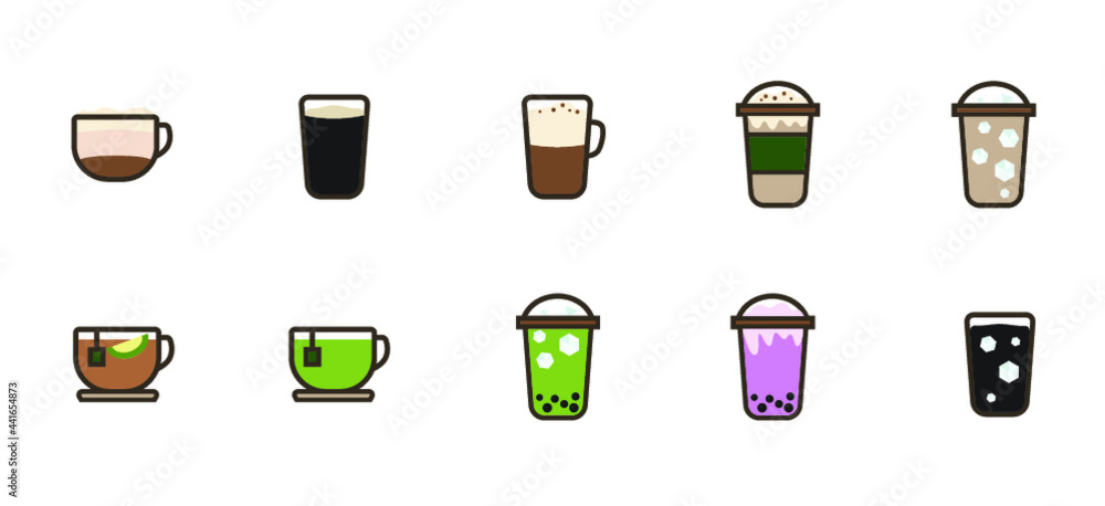 set of coffee icons, tea icons, milk tea icons, smoothie icon set of coffee icons, tea icons, milk tea icons, smoothie icon