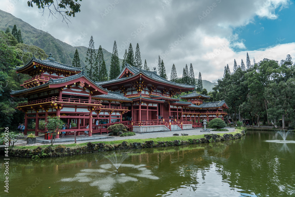 The Byodo-In Temple is a non-denominational Buddhist temple located on the island of Oʻahu in Hawaiʻi in Valley of the Temples Memorial Park. Honolulu, Oahu, Hawaii
