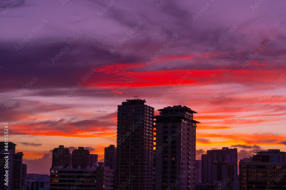 Beautiful sky after sunset. Waikiki, Honolulu, Oahu, Hawaii. 