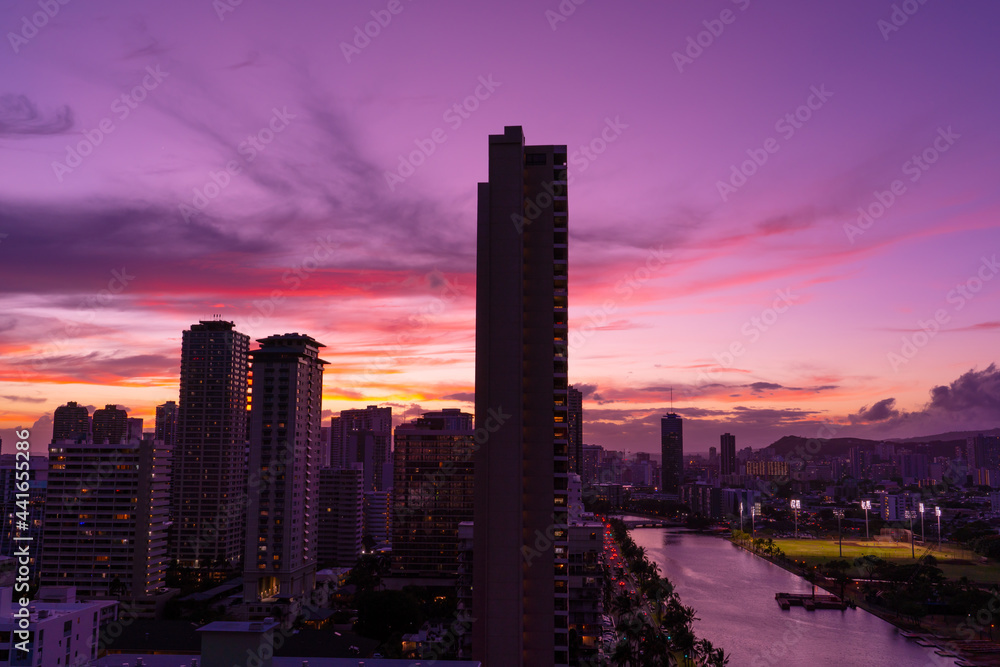 Beautiful sky after sunset. Waikiki, Honolulu, Oahu, Hawaii. 
