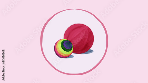 illustration in watercolor style two balls, big and small, red ball and rainbow ball. Two balls are lying side by side
