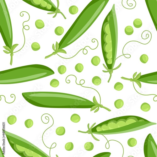Green peas seamless pattern. Pea pod vegetable with seeds. Healthy eating Vegetable Ingredients for cooking. Autumn flat design for wallpaper, digital paper, textile fabric, wrapping, kitchen print