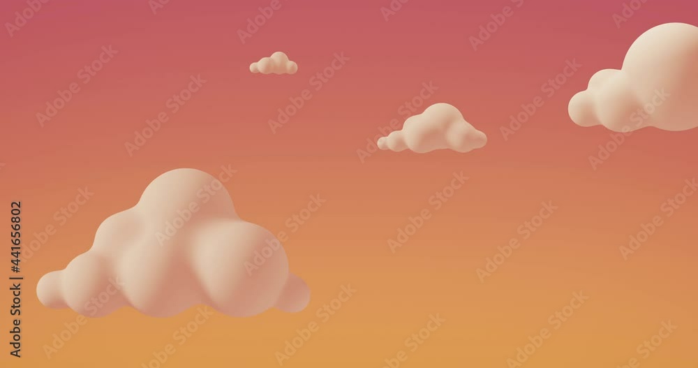 Cartoon cute pink clouds float across the sky at sunset. Abstract 3d loop animation in warm orange-pink colors for kids background. Cartoon cute pink clouds float across the sky at sunset. Abstract 3d loop animation in warm orange-pink colors for kids background.
