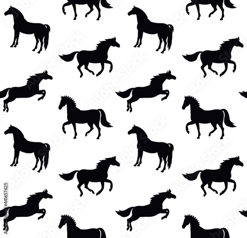 Vector seamless pattern of flat hand drawn horse silhouette isolated on white background