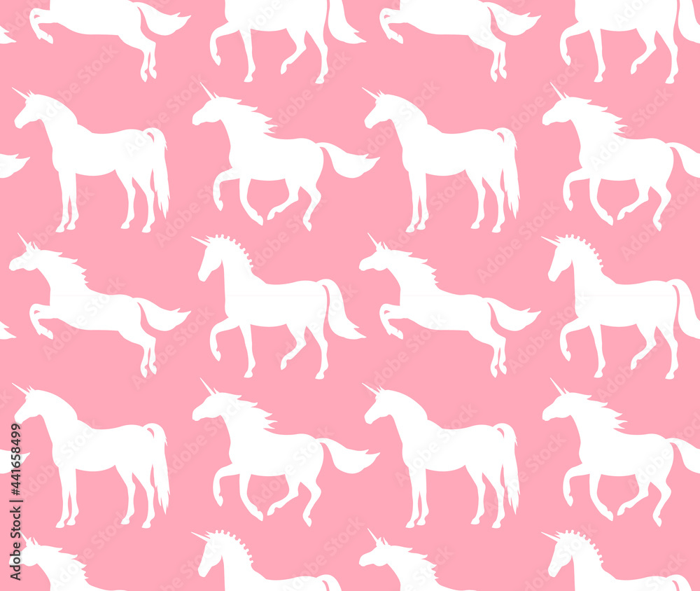 Vector seamless pattern of unicorn silhouette isolated on pink background