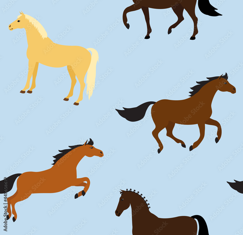 Obraz premium Vector seamless pattern of flat cartoon hand drawn horse isolated on blue background