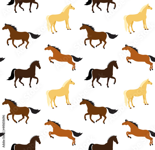 Vector seamless pattern of flat cartoon hand drawn horse isolated on white background