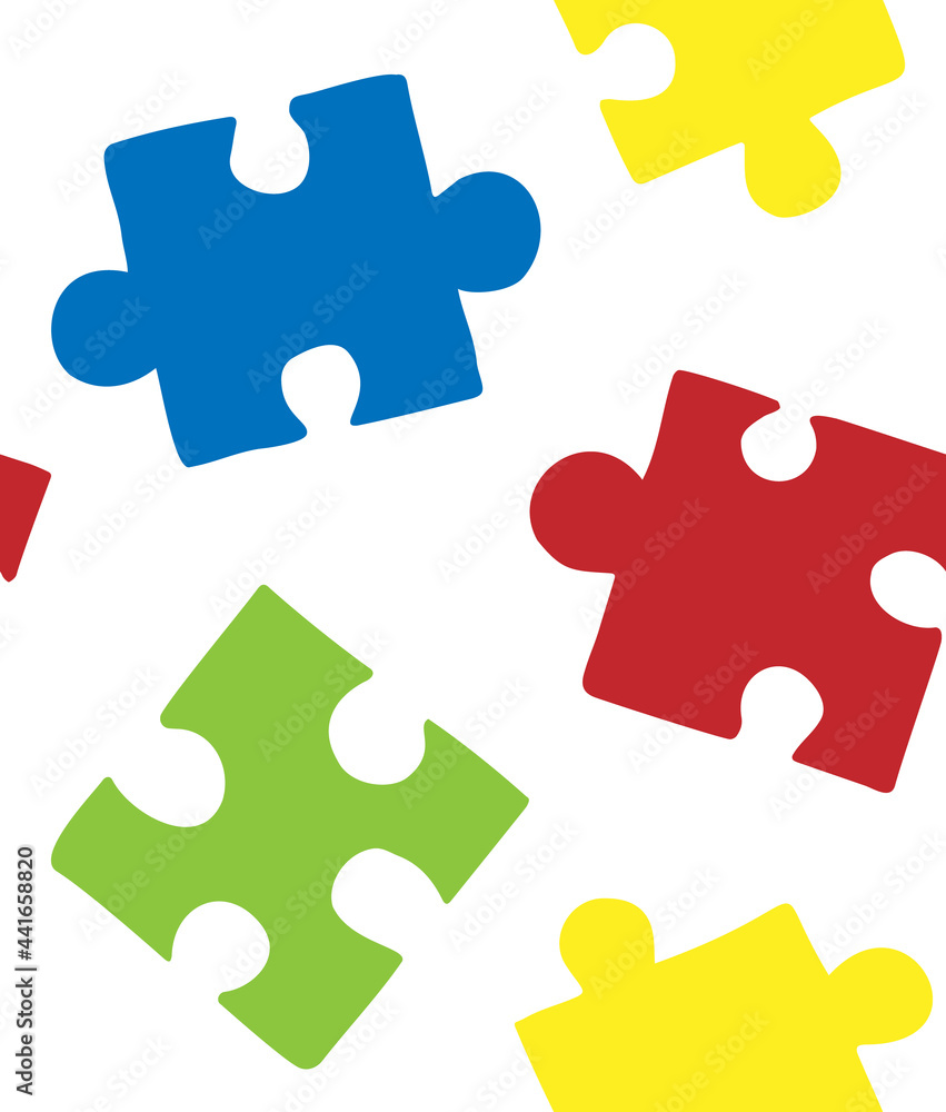 Vector seamless pattern of hand drawn doodle sketch colored puzzle pieces isolated on white background