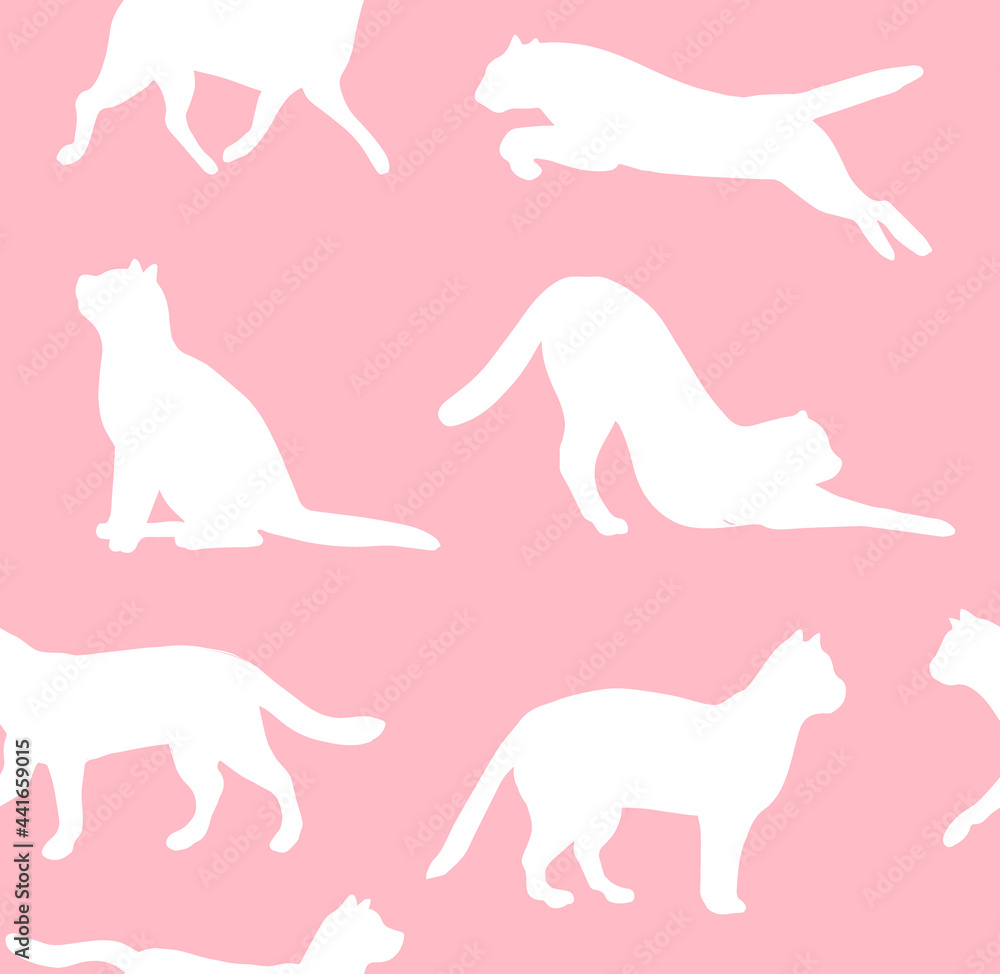 Vector seamless pattern of white hand drawn cat silhouette isolated on pink background