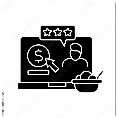 Review glyph icon. Positive reviews with donations. Praise for delicious food. Online tips. Virtual tips concept. Filled flat sign. Isolated silhouette vector illustration