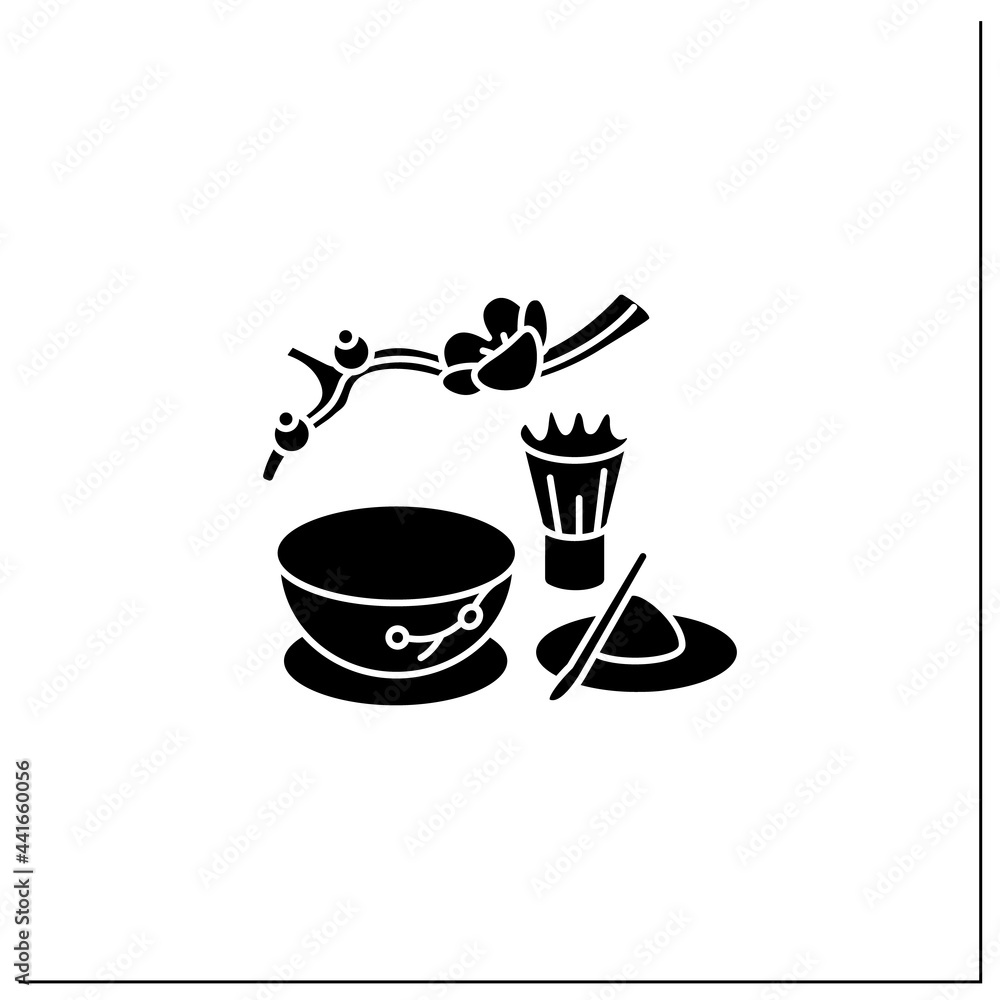 Matcha glyph icon. Unique tea ceremony. Matcha tea powder near teacup