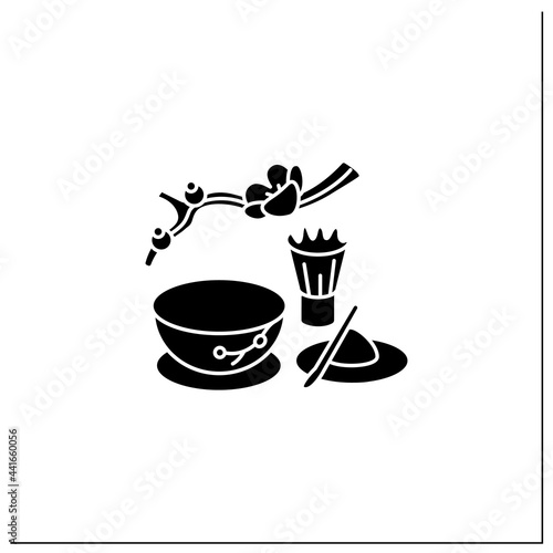 Matcha glyph icon. Unique tea ceremony. Matcha tea powder near teacup. Japanese ethnic and national ritual. Teatime traditions. Tea ceremony.Filled flat sign. Isolated silhouette vector illustration