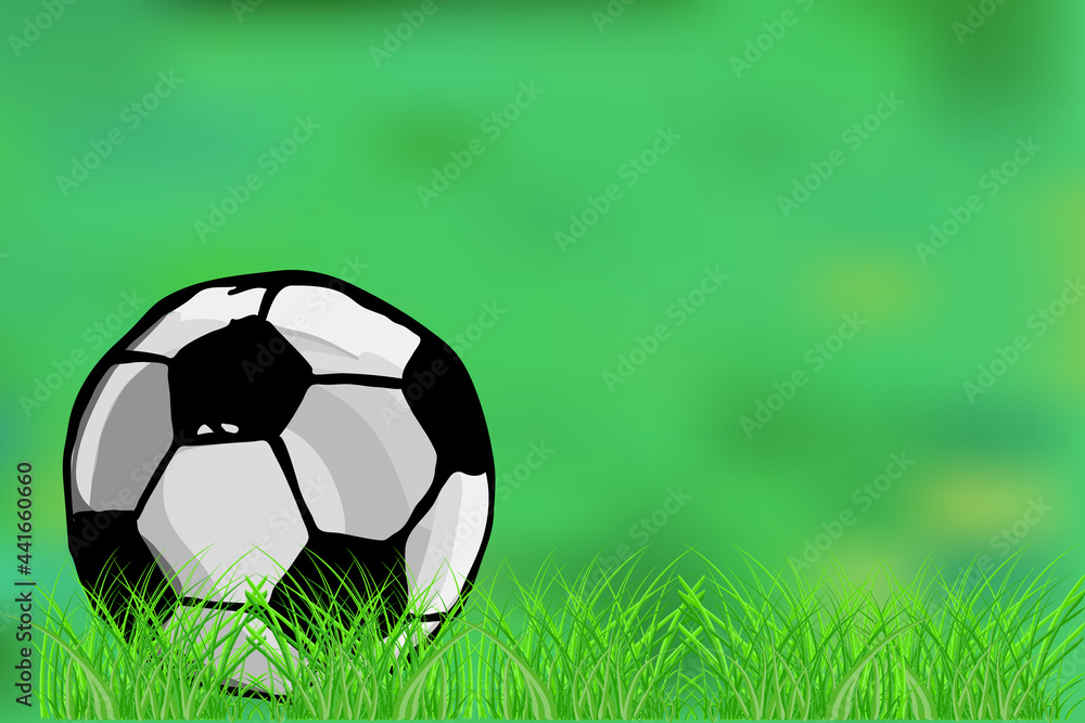 Fototapeta premium Soccer ball on green grass background. Football concept. Soccer poster or card template with copy space. Football teams competition, sport clubs tournament banner or cover. Stock vector illustration