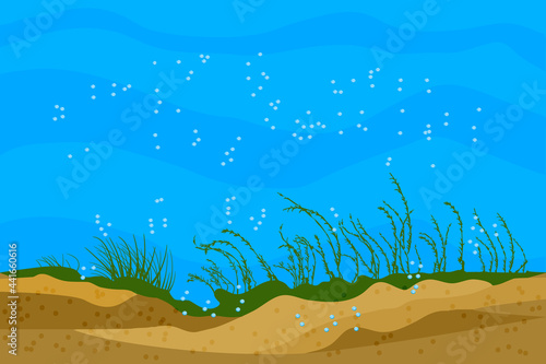 Ocean bottom landscape. Underwater background with grass silhouettes and shiny air bubbles. Undersea empty cartoon scene. Deep ocean seascape. Tropical marine scenery. Stock vector illustration