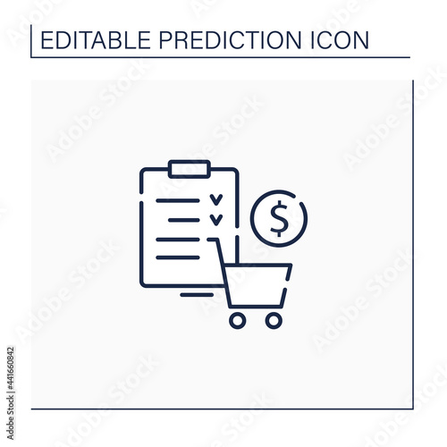 Merchandise planning line icon. Shop list. Only necessary products. Save money. Grocery basket and shopping list. Business predicting concept.Isolated vector illustration.Editable stroke