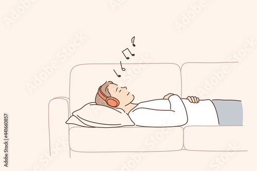 Relaxation and listening to music concept. Young positive woman cartoon character in headphones lying in bed listening to music feeling relaxed and calm vector illustration 