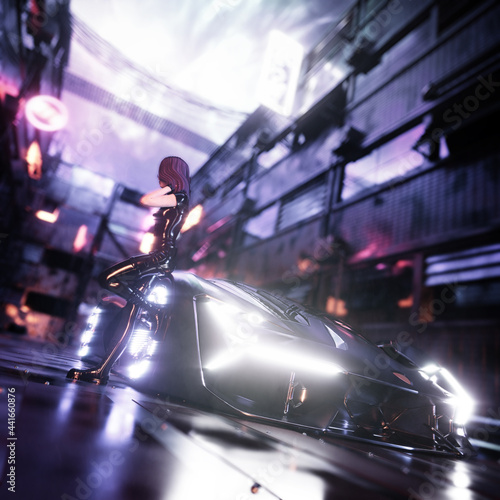 sophisticated super sports car with a beautiful fantasy girl standing next to it in a futuristic street environment with soft focus background © archangelworks