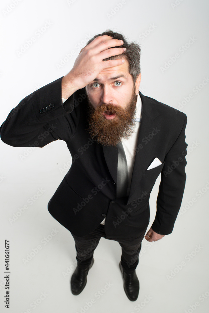 Crazy business man, excited emotions. Scared shocked with surprised face, scared and excited with fear expression. Meme funny emotions. Wide angle, top view. Crazy business man, excited emotions. Scared shocked with surprised face, scared and excited with fear expression. Meme funny emotions. Wide angle, top view.