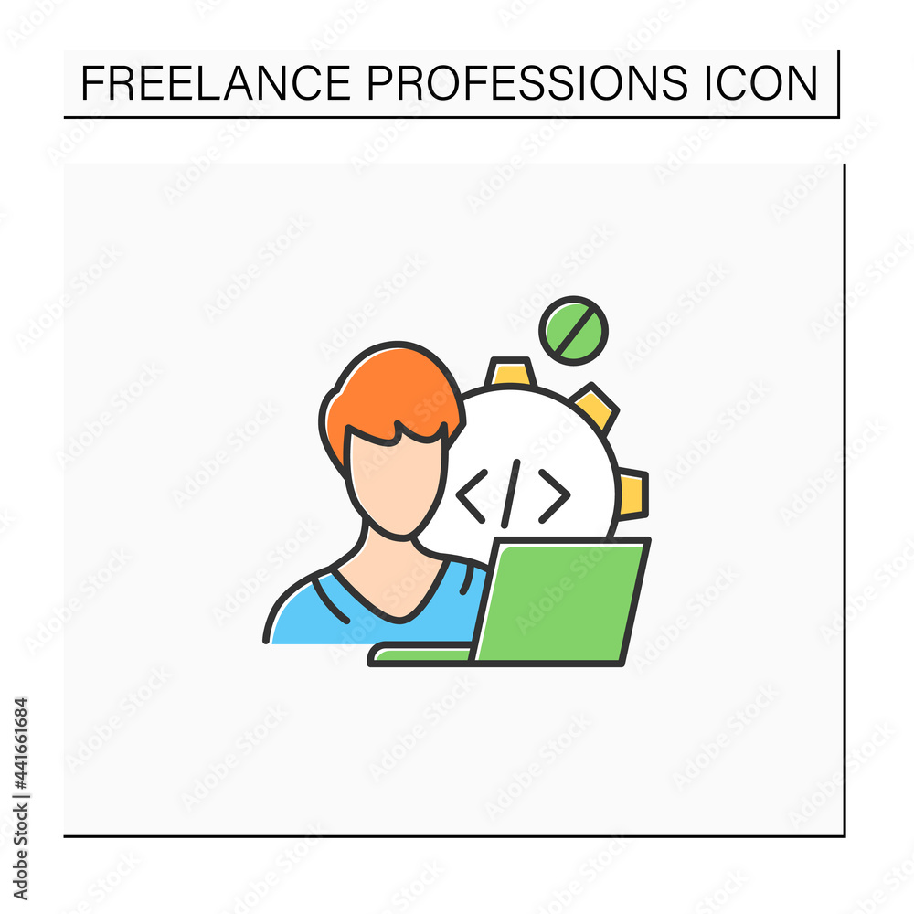 Web developer color icon. Programmer. Development web application. Workplace. Freelance professions concept. Isolated vector illustration Web developer color icon. Programmer. Development web application. Workplace. Freelance professions concept. Isolated vector illustration