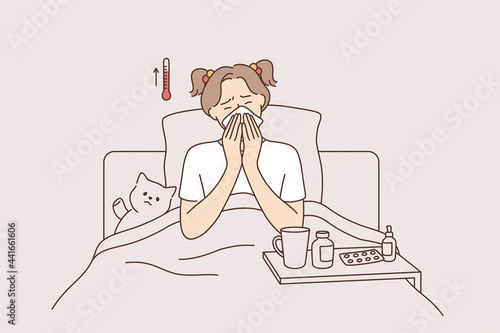 Fever, illness and feeling ill concept. Little girl cartoon character sitting in bed feeling high temperature fever cold staying at home vector illustration