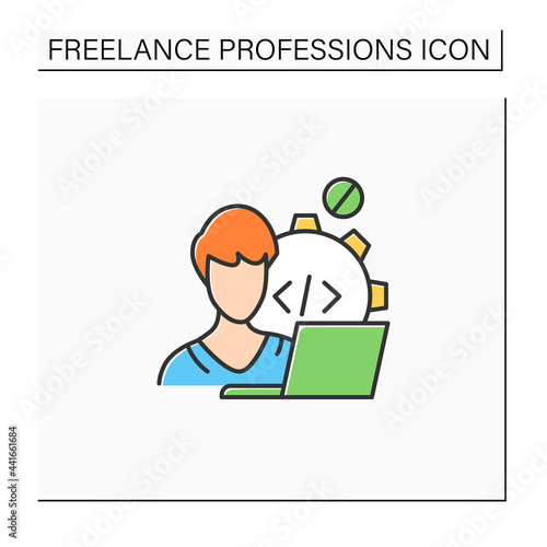 Web developer color icon. Programmer. Development web application. Workplace. Freelance professions concept. Isolated vector illustration