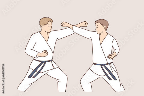 Professional karate sport fighters concept. Two strong men cartoon characters in white uniforms standing fighting practicing karate together vector illustration 