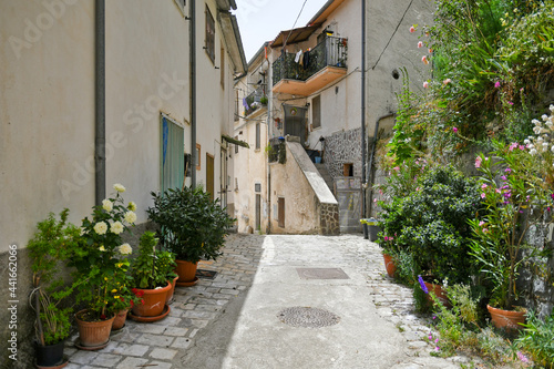A small street between the old houses of Belmonte del Sannio  a medieval village in the Molise region.