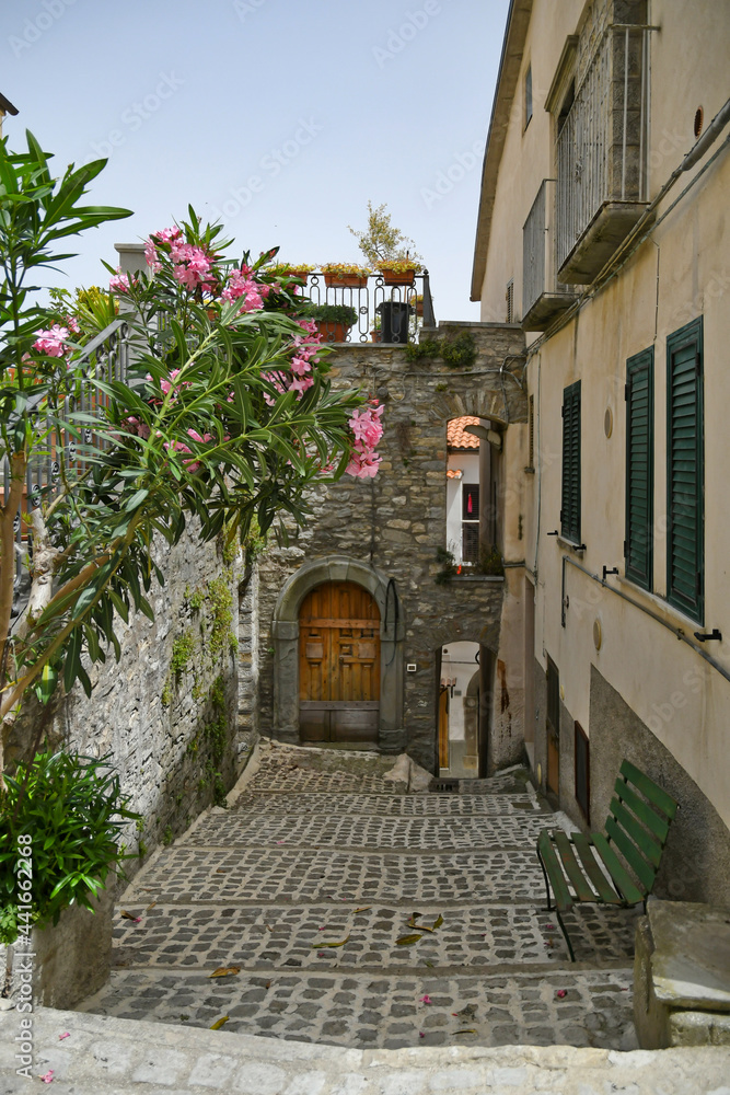 A small street between the old houses of Poggio del Sannio, a medieval village in the Molise region.