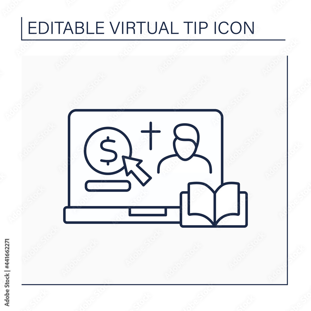 Donation line icon. Online contribution for church and priest. Virtual money thanks for services. Online pray. Virtual tips concept. Isolated vector illustration. Editable stroke Donation line icon. Online contribution for church and priest. Virtual money thanks for services. Online pray. Virtual tips concept. Isolated vector illustration. Editable stroke