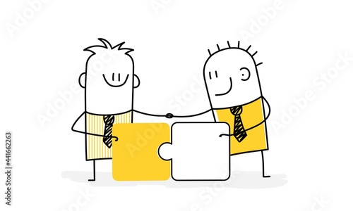 Two stickmen are opening a new startup. Partnership concept.