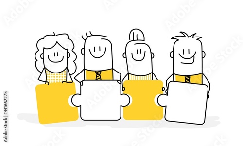 Funny stick figures connecting puzzle elements.