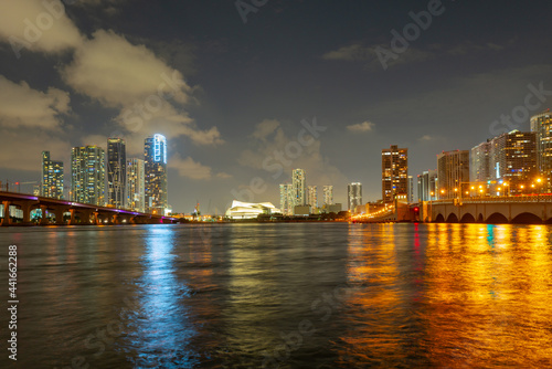 Miami, Florida cityscape skyline on Biscayne Bay. Panorama at dusk with urban skyscrapers and bridge over sea with reflection.