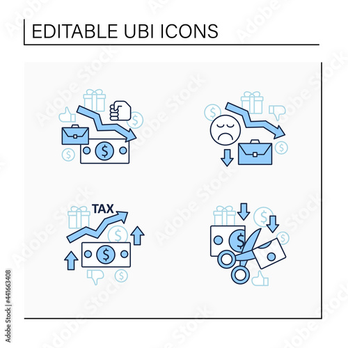 Universal basic income line icons set. Higher tax, less spending, reduce work motivation, low wages. Inequality and inflation. Global economy concept. Isolated vector illustrations.Editable stroke