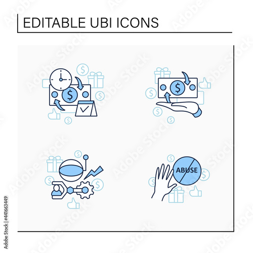 Universal basic income line icons set. Technological unemployment, ending abuse, cash payment, periodic payment. Global economy concept. Isolated vector illustrations.Editable stroke