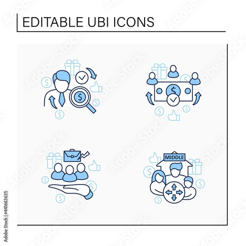 Universal basic income line icons set. Dilative class, supporting workers, universal payment, individual payment.Global economy concept. Isolated vector illustrations.Editable stroke