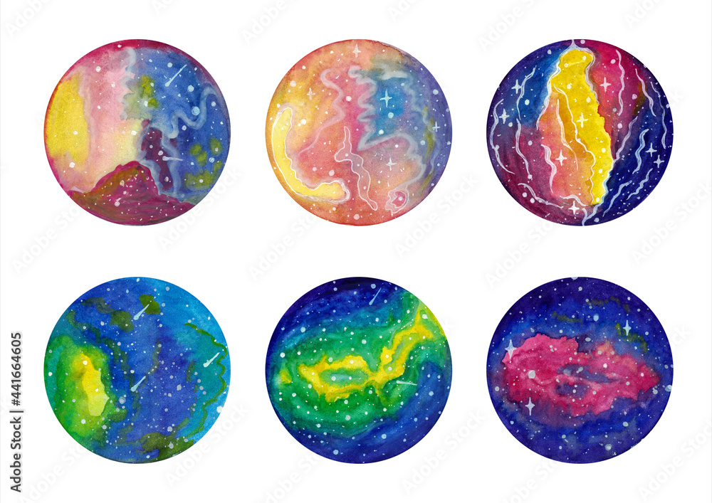 Cosmic, cosmos, space watercolor round backgrounds set.Set of watercolor abstract space in circle shapes isolated on white background.Can be used for postcards, posters, prints.Text frames collection.