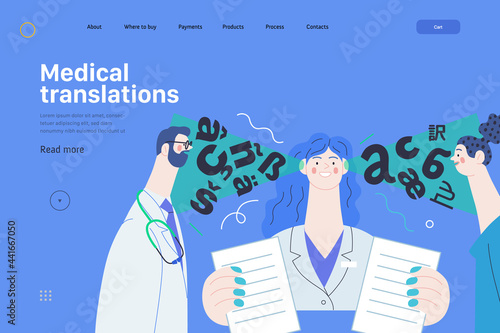 Medical translations - medical insurance web template. Modern flat vector