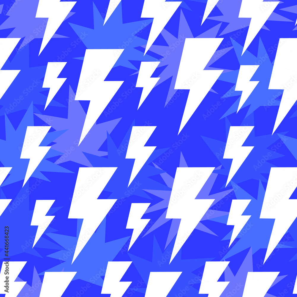 Lightning, thunder, explosion, creativity, power, new. Seamless pattern. Creative print for children, ideal for fabrics or wrapping paper. Blue and white. Repeatable, repeat, surface design. Lightning, thunder, explosion, creativity, power, new. Seamless pattern. Creative print for children, ideal for fabrics or wrapping paper. Blue and white. Repeatable, repeat, surface design.