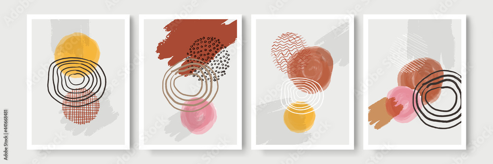 Collection of beige earth tone boho bohemian Scandinavian organic contemporary background set with brush, shape, rainbow. Editable vector illustration for website, invitation, postcard and poster - obrazy, fototapety, plakaty 